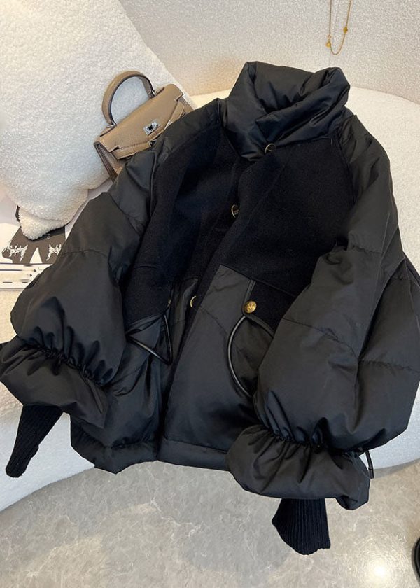 Chic Black Stand Collar Drawstring Zippered Fine Cotton Filled Puffer Jacket Winter Online Hot Sale - Image 3