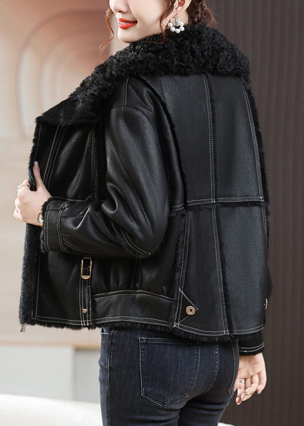 Loose Black Peter Pan Collar Zippered Fuzzy Fur Coats Winter For Cheap - Image 4