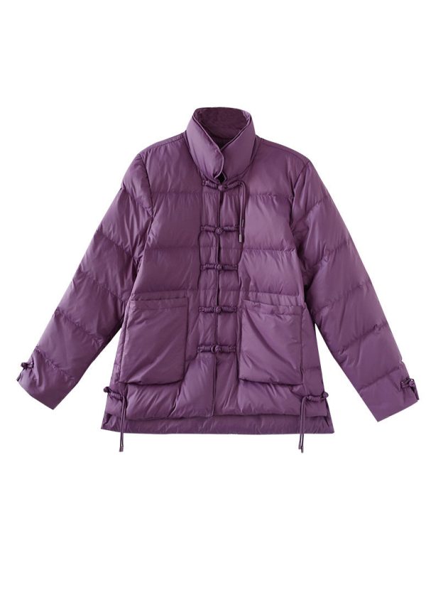 Classy Purple Chinese Button Duck Down Puffer Jacket Winter For Cheap - Image 5