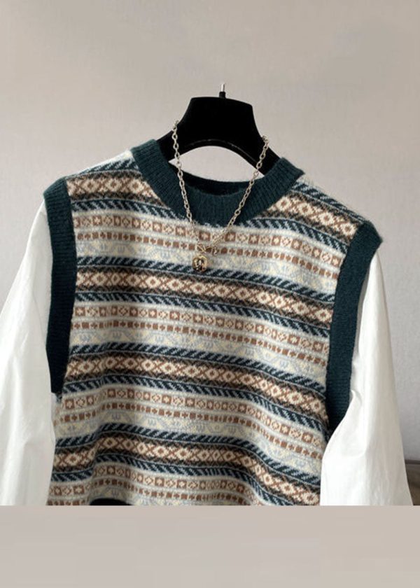 Handmade Blackish Green O-Neck Print Patchwork Knit Tops Fall Hot on Sale - Image 4