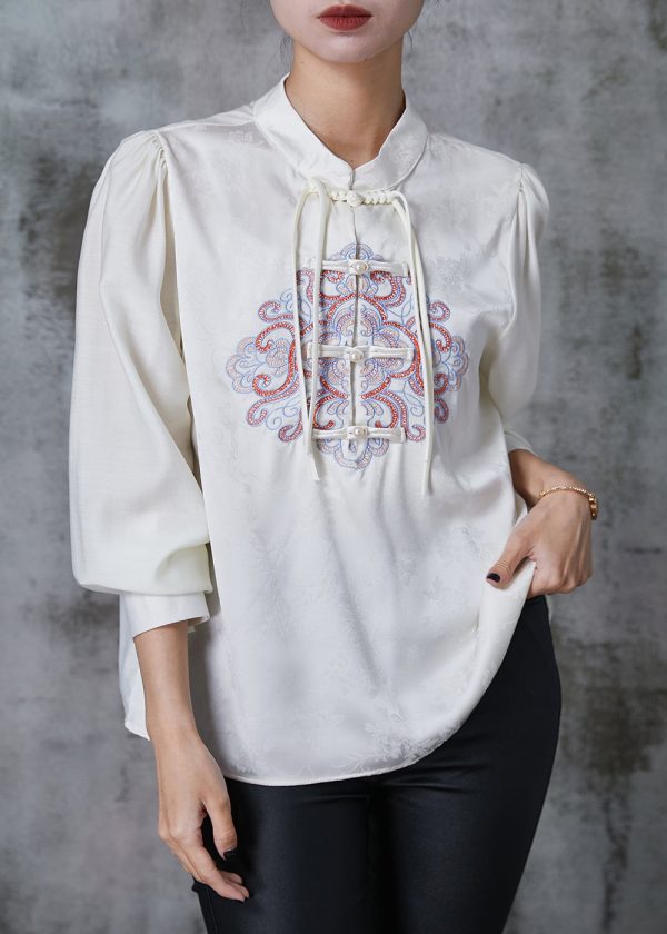 Art White Embroidered Chinese Button Silk Blouse Top Spring Online Hot Sale - Image 2