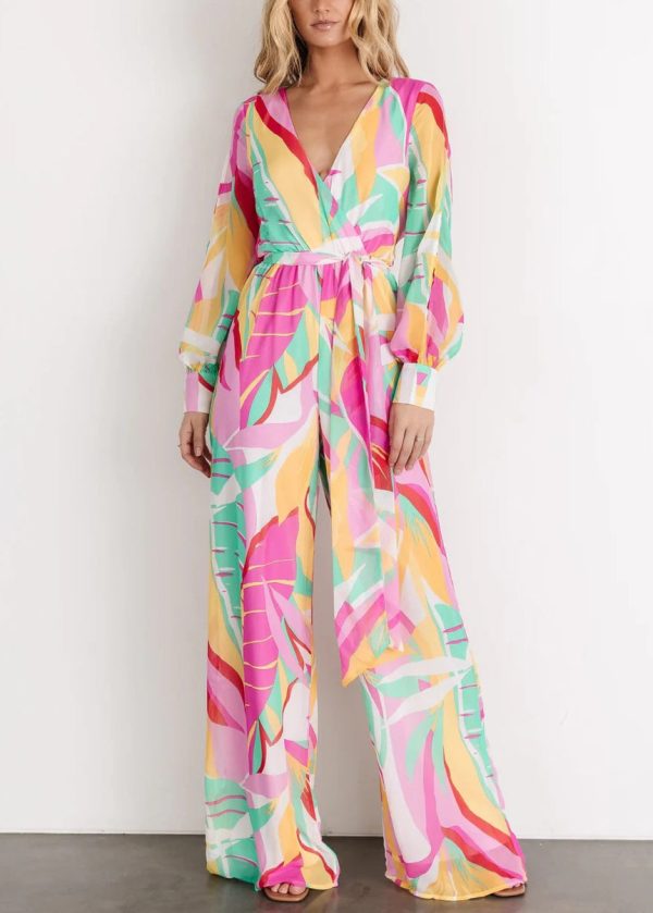 Elegant Green V Neck Print Chiffon Jumpsuit Long Sleeve Online now - Image 2