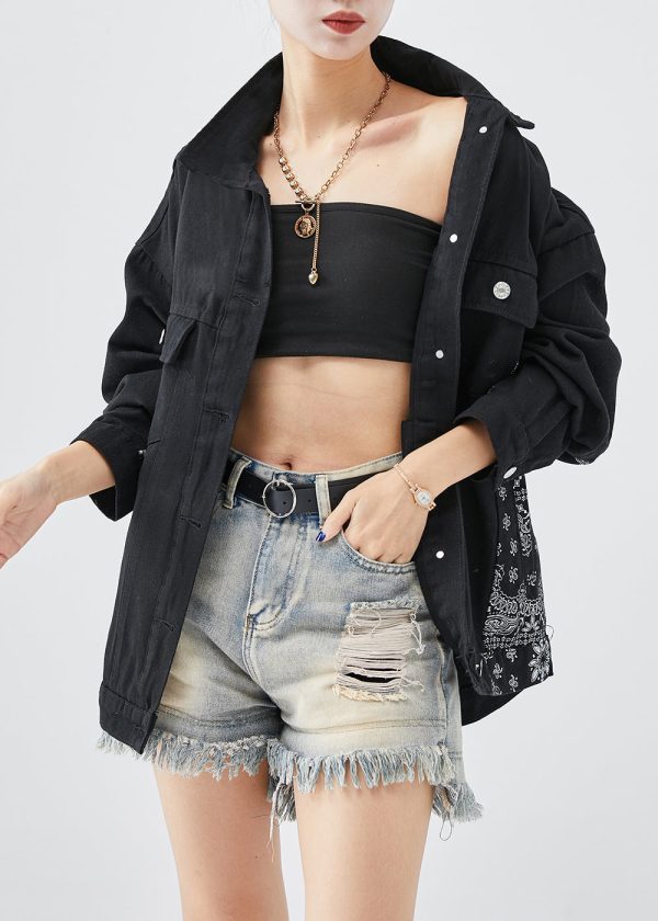 Black Patchwork Cotton Coat Oversized Print Fall Hot on Sale - Image 2
