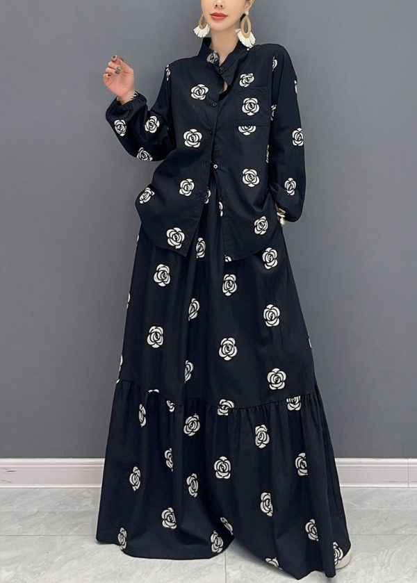 Boutique Black Stand Collar Print Patchwork Cotton Two-Piece Set Fall on Sale