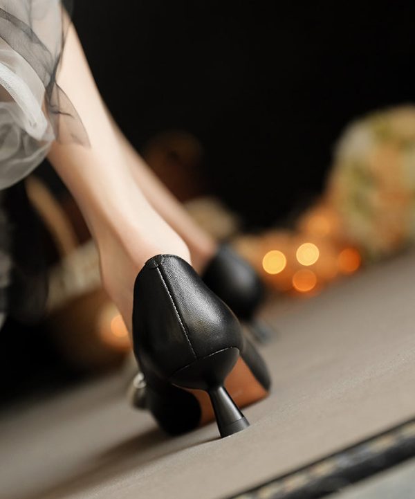 Brown High Heels Sheepskin Elegant Splicing Bow Pointed Toe Hot on Sale - Image 5