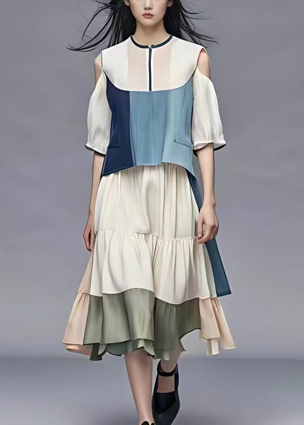 Art White Wrinkled Patchwork Cotton Two Pieces Set Summer For Sale