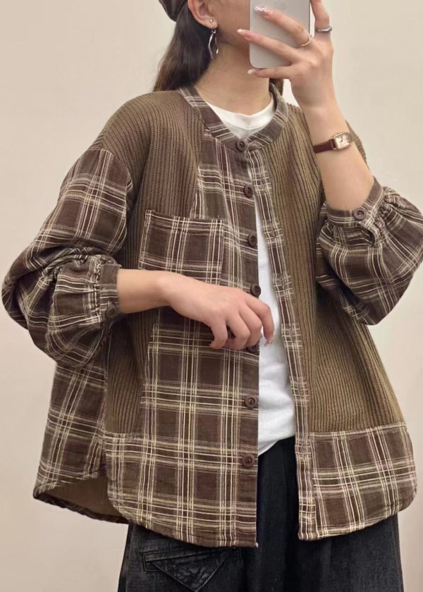 Vintage Button Print Patchwork Linen Shirt Top Fall Hot on Sale - Image 3