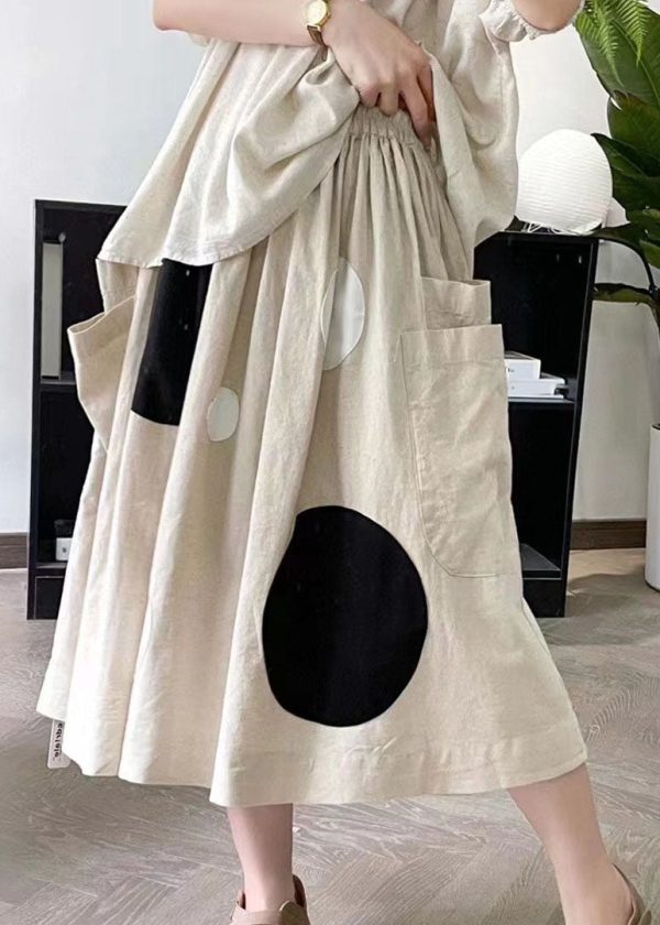 Handmade Khaki Dot Pockets Elastic Waist A Line Skirt Summer on Sale - Image 3
