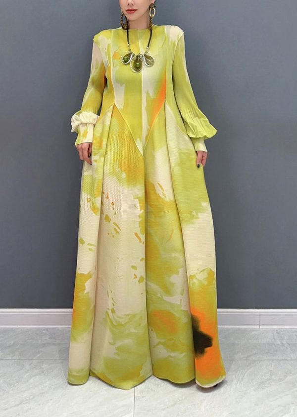 Classy Yellow Print Patchwork Chiffon Long Dress Puff Sleeve on Sale - Image 2
