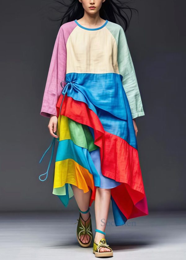 Art Colorblock Asymmetrical Patchwork Cotton Dresses Spring For Cheap - Image 2