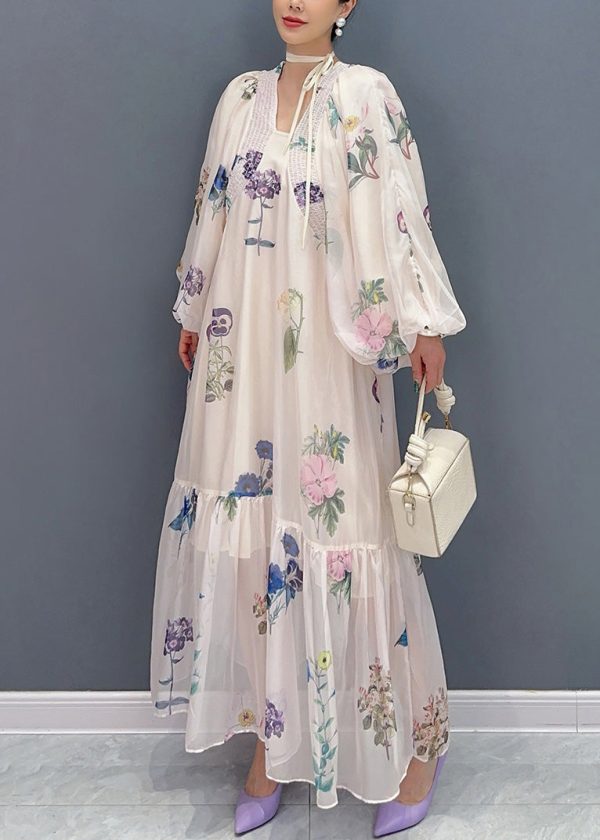 Bohemian White Print Chiffon Long Dresses Lantern Sleeve Cheap - Image 4