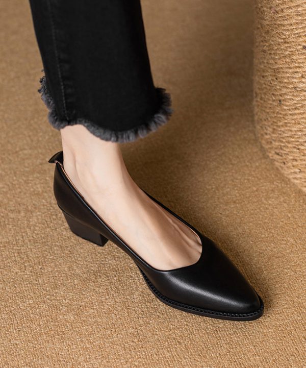 Beautiful Chunky Heel Beige Cowhide Leather Pointed Toe Fashion - Image 2