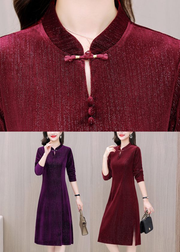 Slim Fit Red Stand Collar Button Silk Velour Long Dresses Long Sleeve For Cheap - Image 4