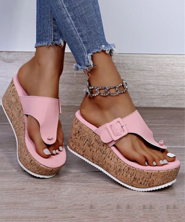 White Wedge Heels Boho Splicing Flip Flops Slide Sandals Online Sale - Image 3