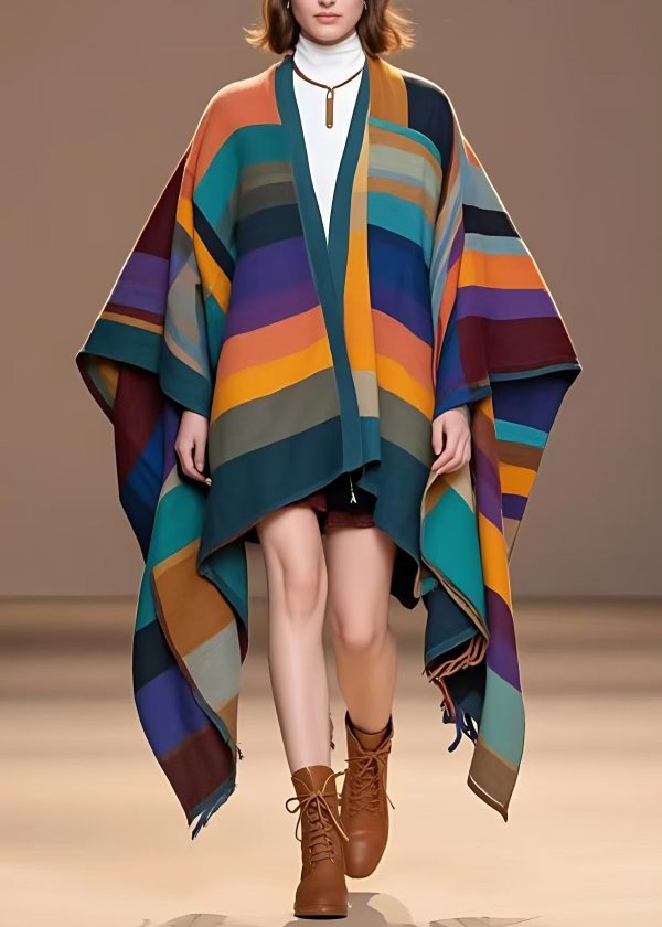 Beautiful Rainbow V Neck Striped Woolen Coat Long Fall Sale