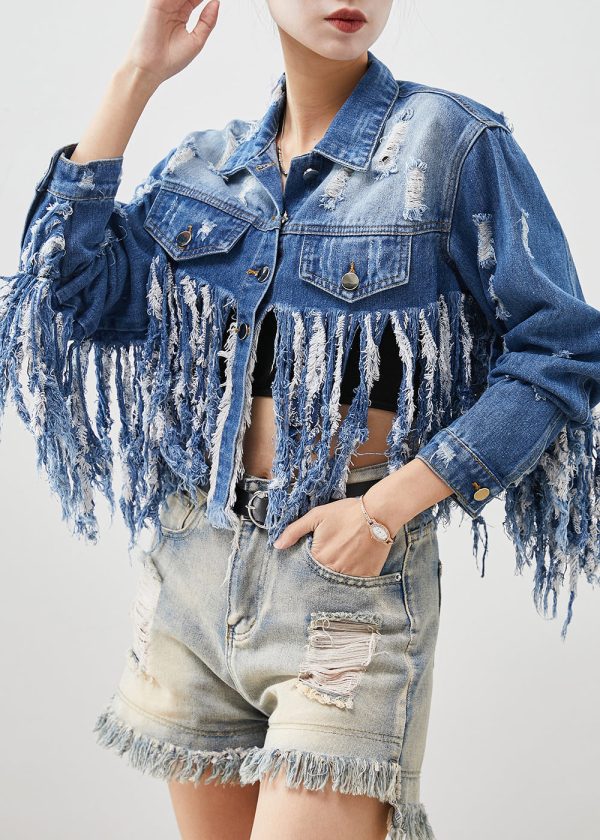 Original Design Blue Tasseled Cotton Ripped Coat Spring Sale