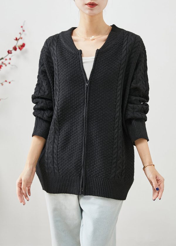 Black Oversized Warm Cable Knit Coats Zip Up Fall For Cheap - Image 2
