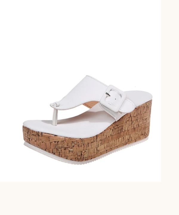 White Wedge Heels Boho Splicing Flip Flops Slide Sandals Online Sale - Image 5