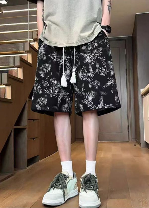 Chic Black Print Elastic Waist Cotton Summer Mens Shorts For Cheap - Image 3
