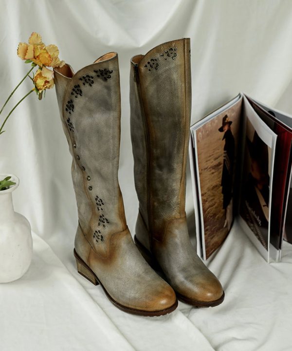 Retro Rivet Splicing Chunky Boots Grey Camel Cowhide Leather For Discount - Image 4