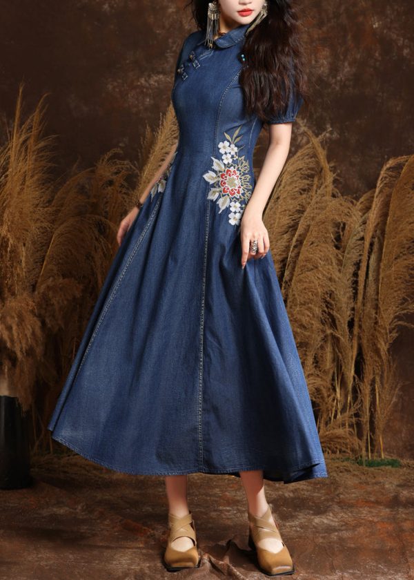 Chic Navy Peter Pan Collar Embroidered Button Denim Maxi Dresses Summer For Cheap - Image 4