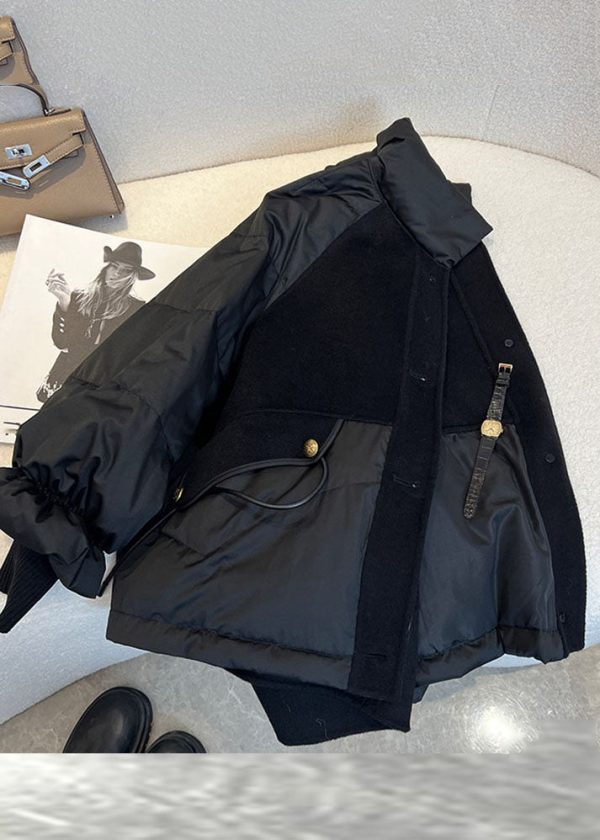 Chic Black Stand Collar Drawstring Zippered Fine Cotton Filled Puffer Jacket Winter Online Hot Sale - Image 4
