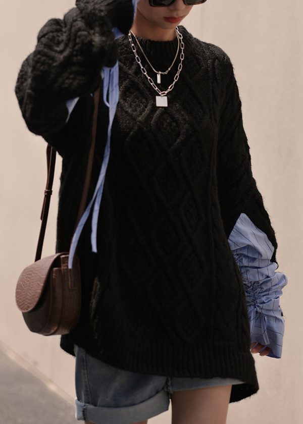 Plus Size Black O Neck Drawstring  Cotton Knit Sweaters Fall Online Hot Sale - Image 3