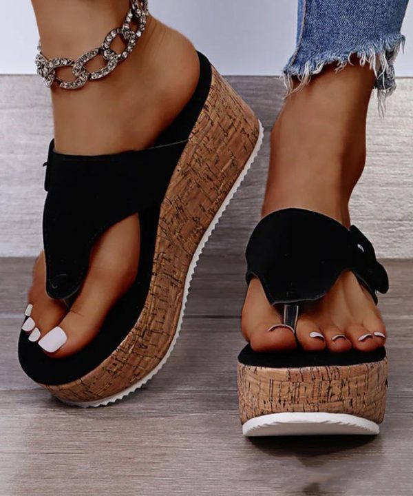 White Wedge Heels Boho Splicing Flip Flops Slide Sandals Online Sale - Image 2