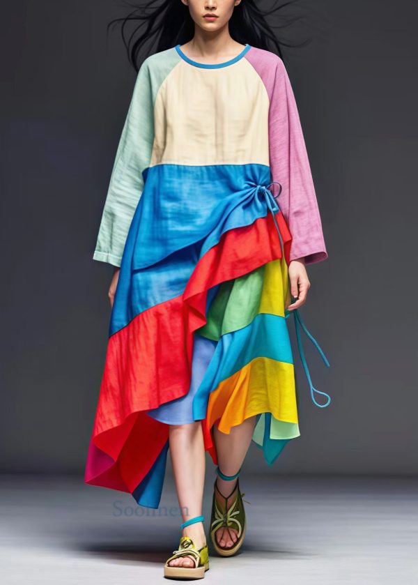 Art Colorblock Asymmetrical Patchwork Cotton Dresses Spring For Cheap