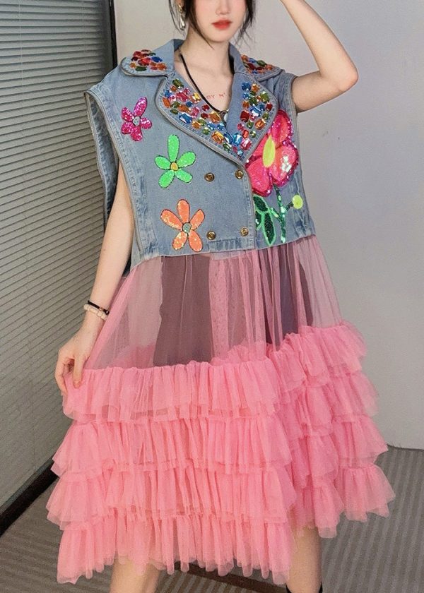 French Blue Zircon Tulle Patchwork Waistcoat Sleeveless Cheap