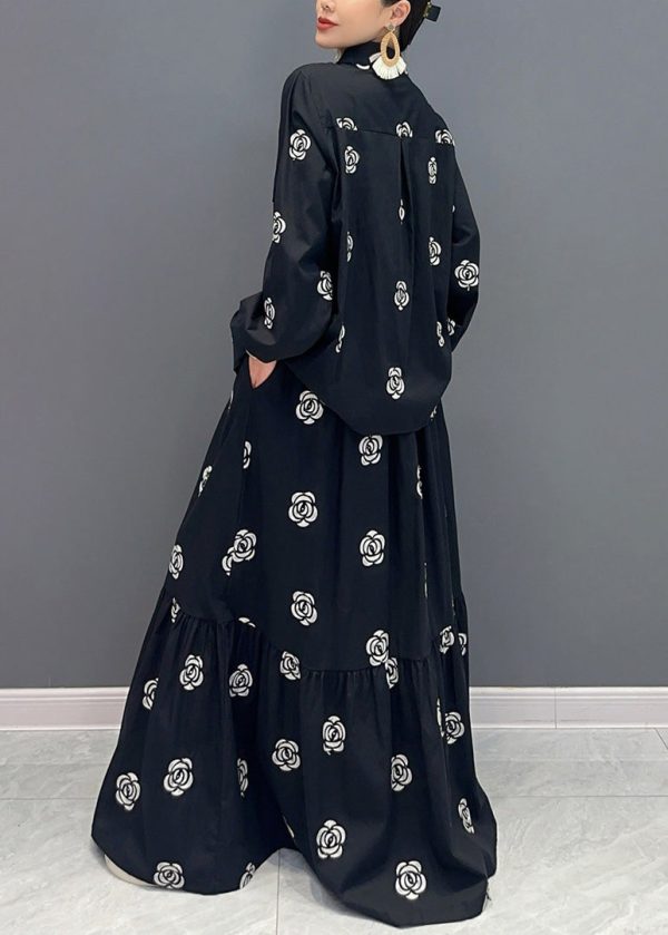 Boutique Black Stand Collar Print Patchwork Cotton Two-Piece Set Fall on Sale - Image 5