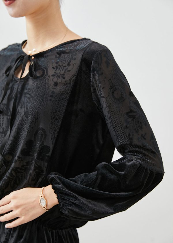Classy Black Jacquard Tie Neck Silk Velour Tops Fall Online Hot Sale - Image 5