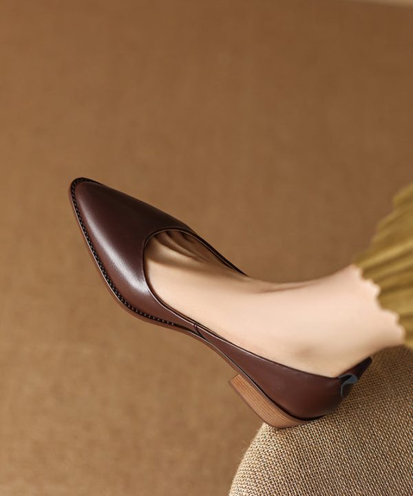 Beautiful Chunky Heel Beige Cowhide Leather Pointed Toe Fashion - Image 3