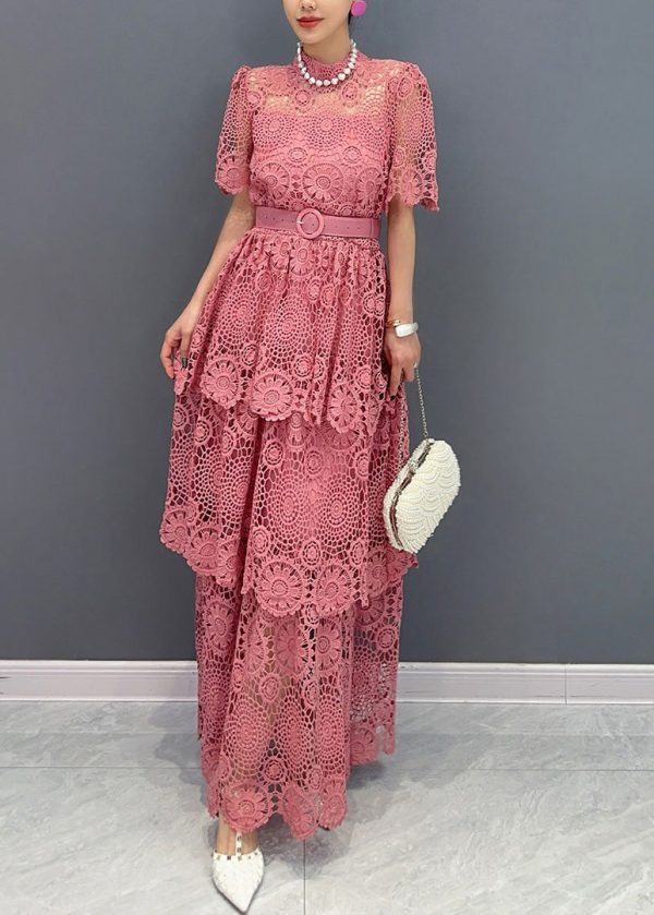 Chic Navy V Neck Sashes Hollow Out Lace Long Dresses Summer Online Hot Sale - Image 4
