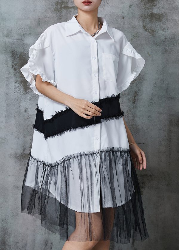 White Patchwork Tulle Cotton Shirt Dress Oversized Summer Supply