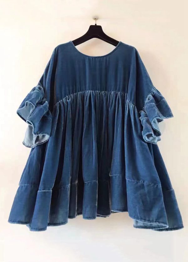 Plus Size Brown Wrinkled Patchwork Velour Short Dress Butterfly Sleeve Hot on Sale - Image 3