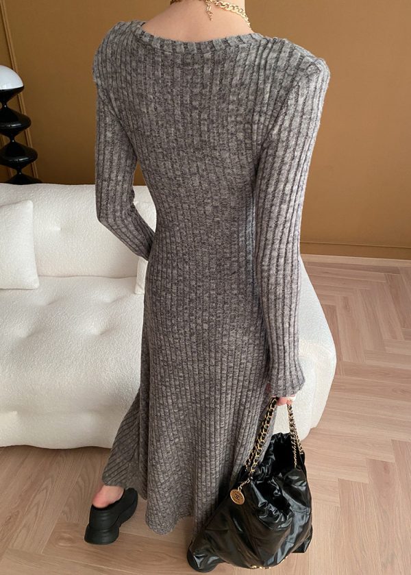 New Grey V Neck Button Cotton Knit Sweater Dress Long Sleeve For Discount - Image 5