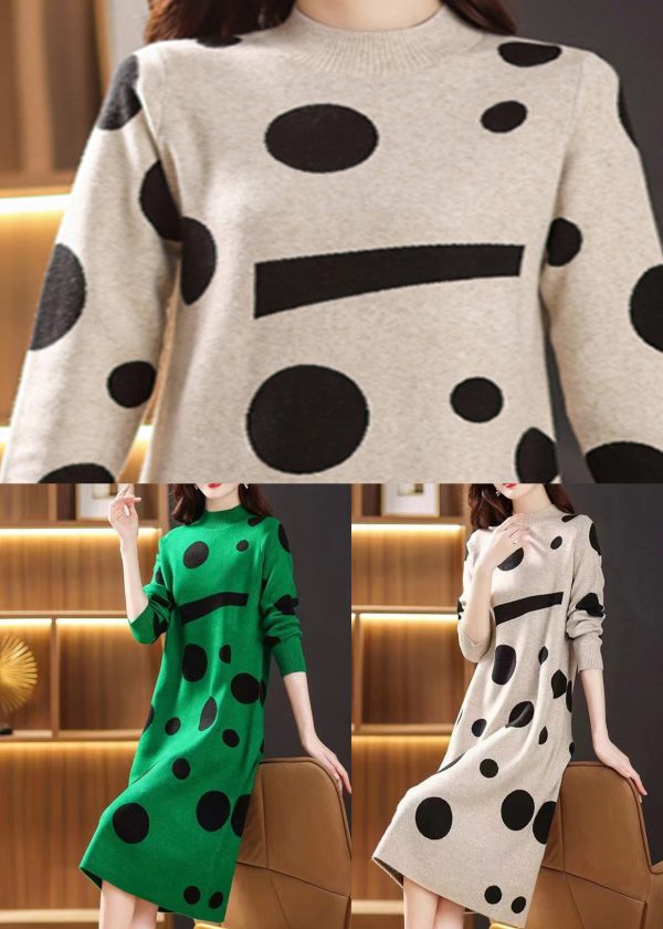 French Green Stand Collar Print Patchwork Woolen Dress Fall Fashion - Image 5