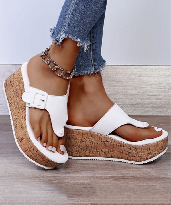 White Wedge Heels Boho Splicing Flip Flops Slide Sandals Online Sale - Image 4