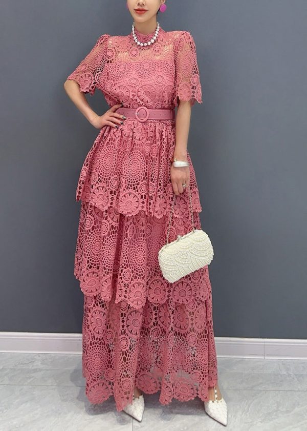 Chic Navy V Neck Sashes Hollow Out Lace Long Dresses Summer Online Hot Sale - Image 2