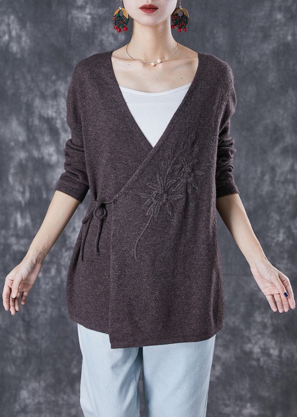 Chocolate Wool Knit Cardigan Embroidered Tie Waist Winter For Discount - Image 2
