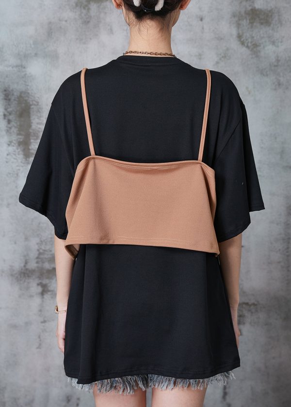 Fine Black Oversized Patchwork Cotton Fake Two Piece Tanks Summer For Sale - Image 4