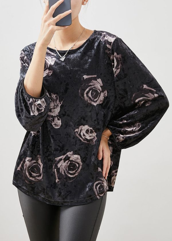 Loose Black Oversized Rose Print Silk Velour Shirts Fall Hot on Sale - Image 3