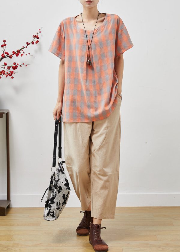 Orange Plaid Fine Linen Two Pieces Set O-Neck Oversized Summer on Sale - Image 2