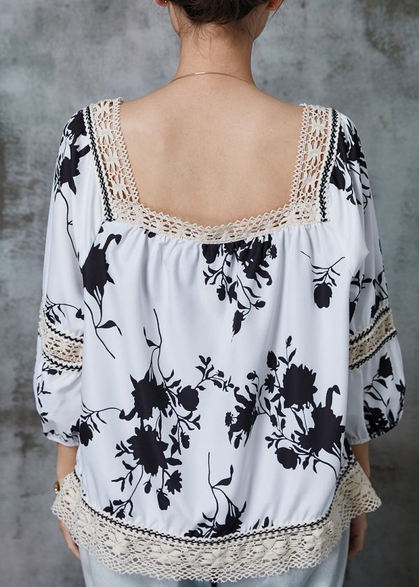 Elegant White Print Patchwork Lace Shirts Summer Supply - Image 4