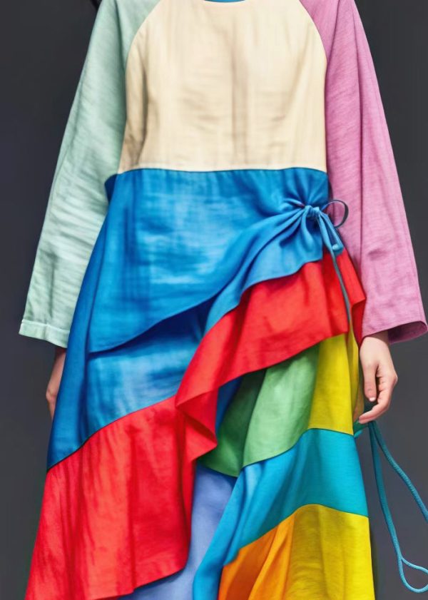 Art Colorblock Asymmetrical Patchwork Cotton Dresses Spring For Cheap - Image 4