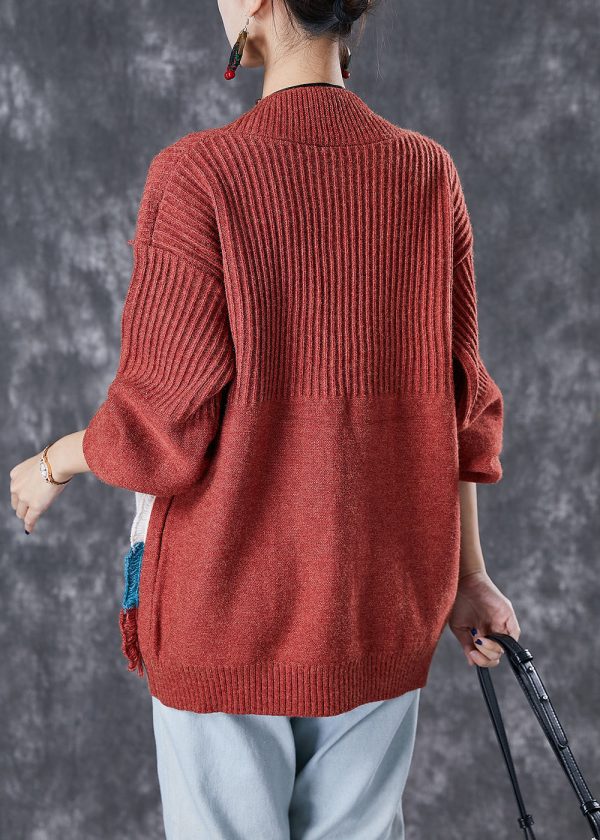 Fashion Red Oversized Patchwork Pockets Knit Cardigan Fall on Sale - Image 3