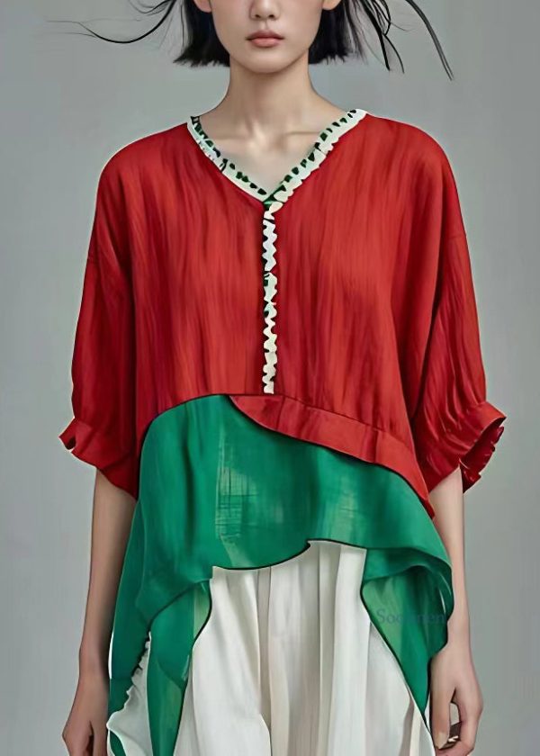 DIY Colorblock V Neck Chiffon Patchwork Shirts Short Sleeve For Cheap