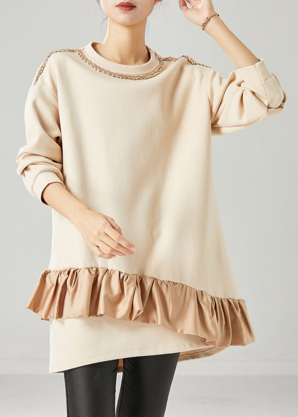 Plus Size Beige Oversized Patchwork Ruffles Cotton Mid Dress Fall Fashion