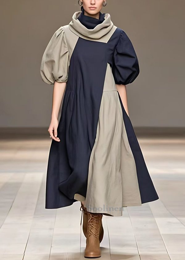 Art Navy Turtleneck Pockets Cotton Long Dress Summer For Discount